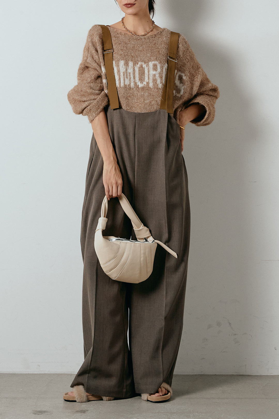 [SET]フロントロゴデザインニットトップス+ワイドツイルサロペット(2set)