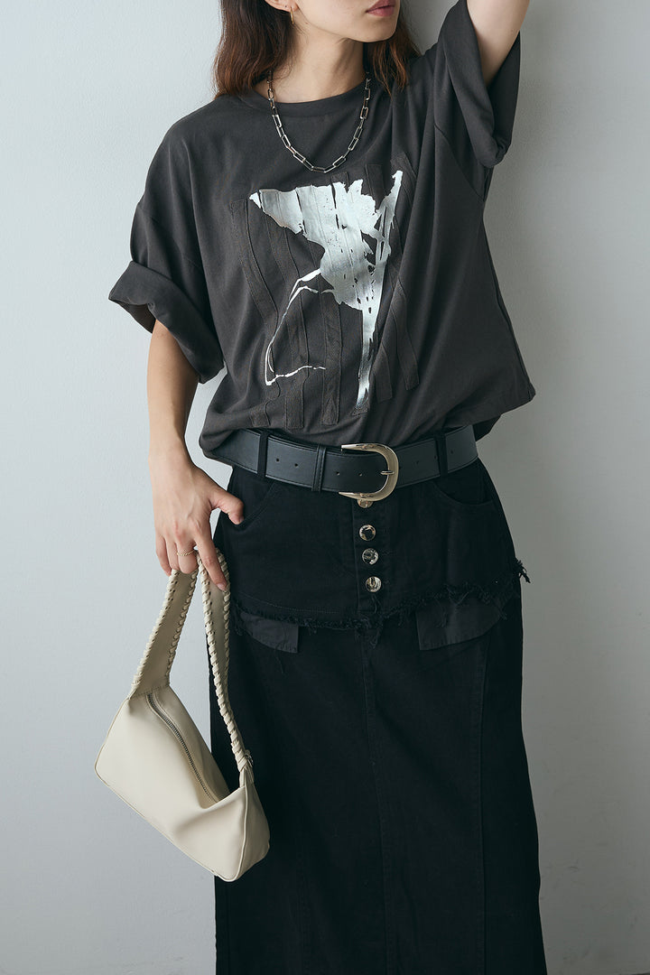 [SET]ニュアンス箔プリントTシャツ+レイヤードデザインワイドスカート(2set)