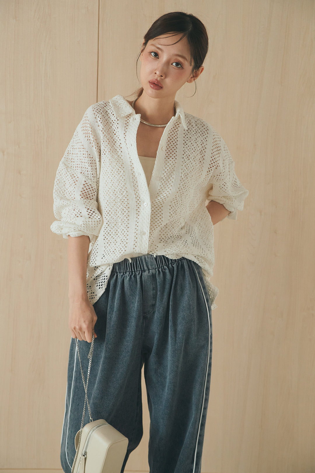 [SET]長袖襟付きレースシャツ+ドロストサイドラインデニムパンツ(2set)