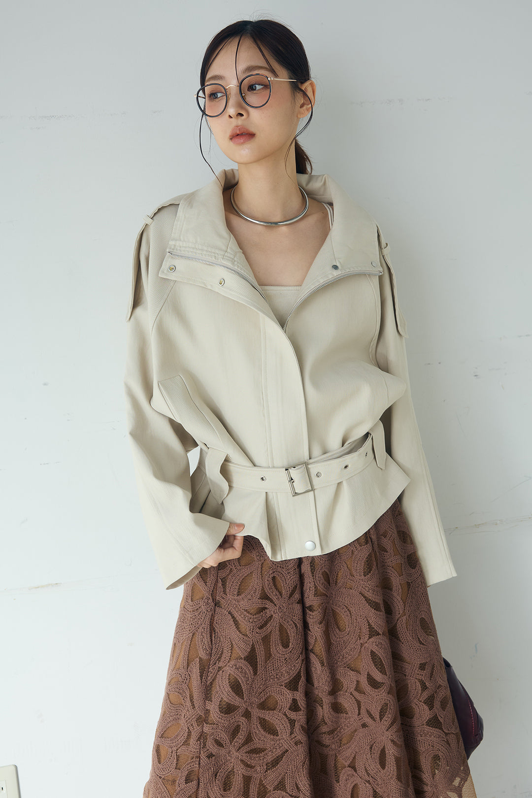 [SET]ベルト付きスタンドネックアウター+ニュアンス柄刺繍スカート(2set)