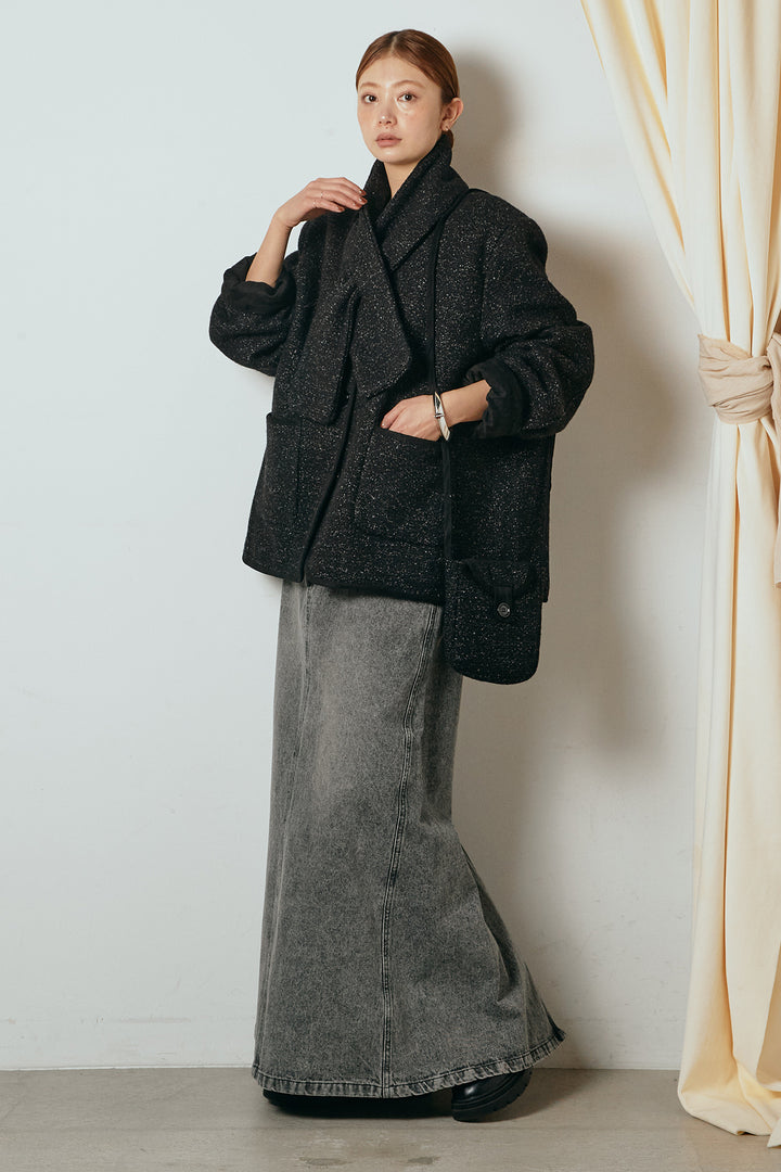 [SET]ノーカラーマフラーバッグ付きアウター+デニムロングフレアスカート(2set)