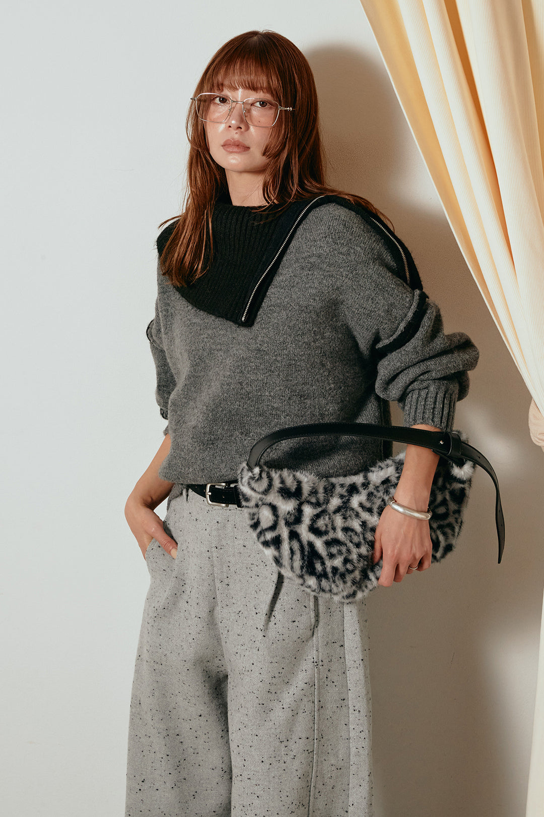 [SET]ハイネックジップデザインニットトップス+ベルト付きネップツイードカーブパンツ(2set)