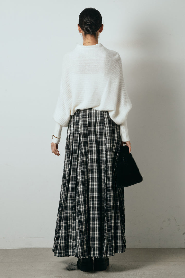 [SET]ポンチョシルエット透かしニットトップス+ベルト付きタータンチェックプリーツスカート(2set)