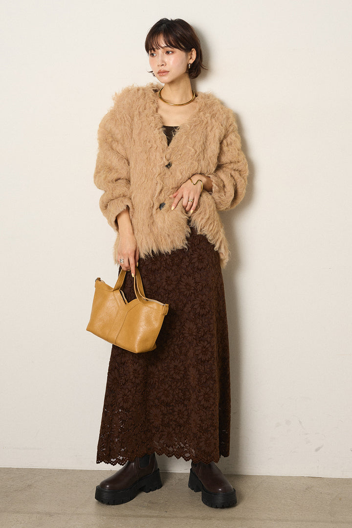 [SET]起毛シャギーニットカーディガン+花柄刺繍ベロアフレアスカート(2set)