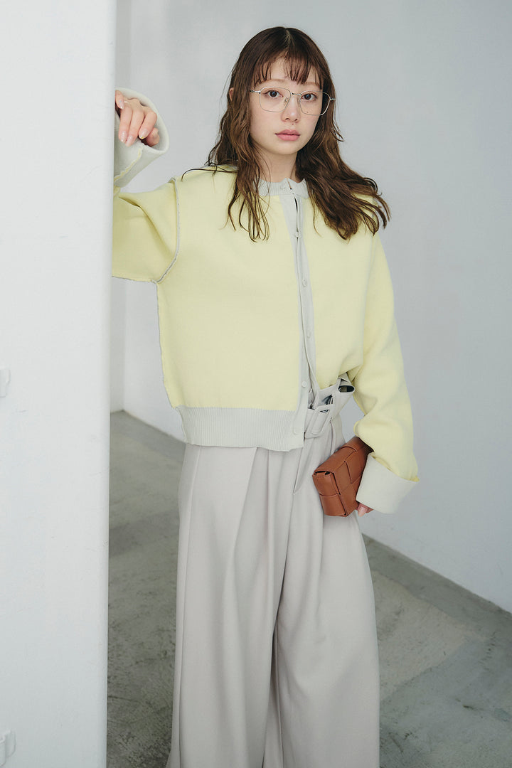 [SET]リバーシブル配色ニットカーディガン+ベルト付きツータックワイドパンツ(2set)