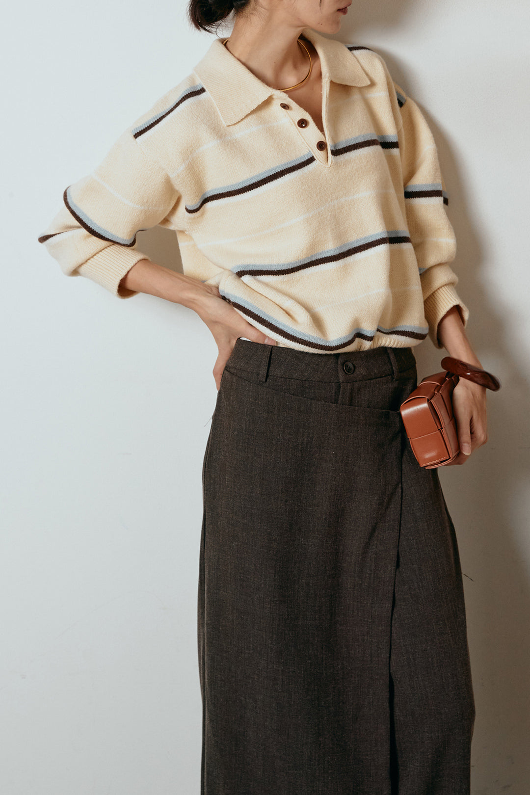 [SET]襟付きマルチボーダーニットポロトップス+ラップ巻きワイドスラックス(2set)