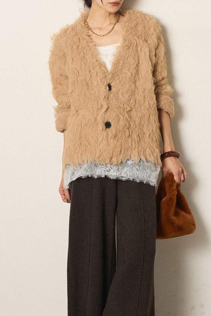 [SET]起毛シャギーニットカーディガン+レース切り替えキャミソール(2set)