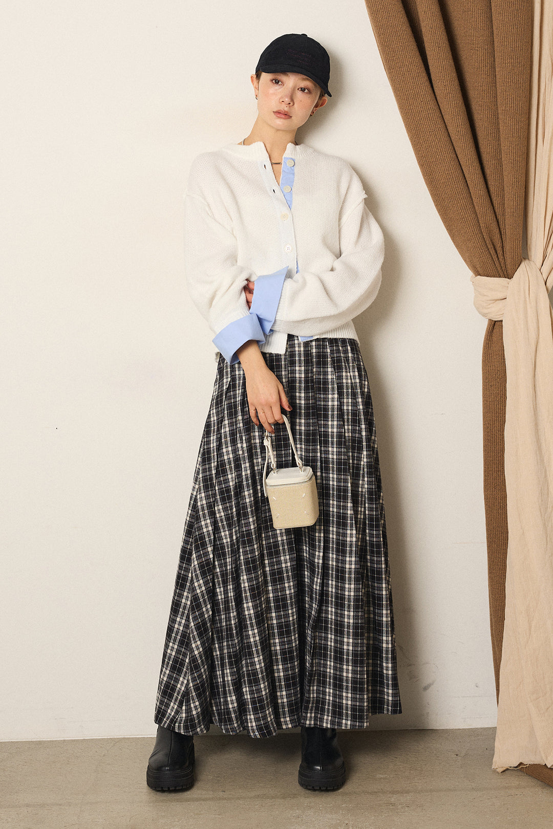 [SET]シャツドッキングニットカーディガン+ベルト付きタータンチェックプリーツスカート(2set)