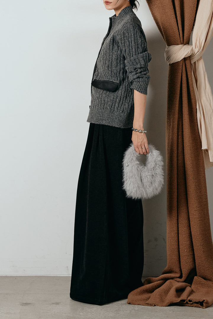 [SET]ボトルネックケーブルニットカーディガン+ベルトループコーデュロイワイドパンツ(2set)