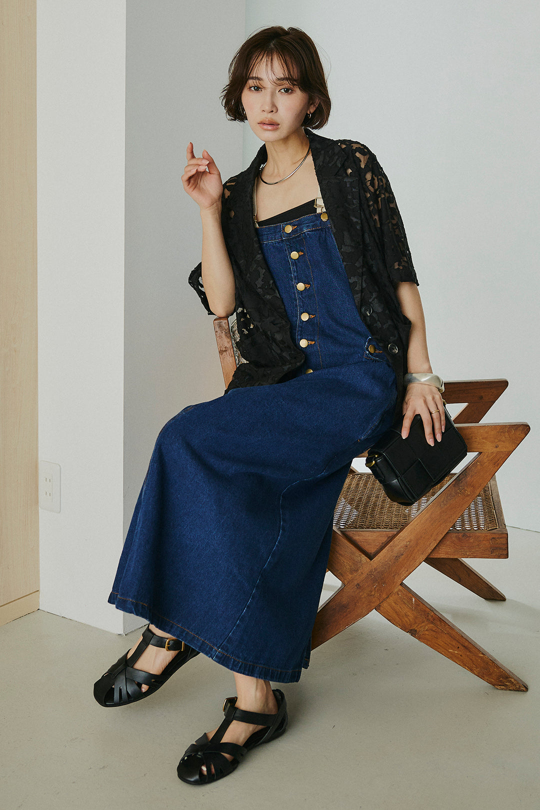 [SET]シアージャガードハーフスリーブテーラードジャケット+配色ショルダーデニムサロペットスカート(2set)