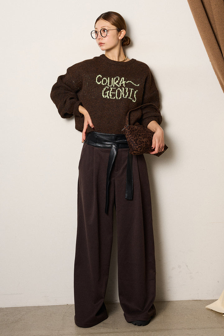 [SET]ロゴシャギーニットプルオーバー+巻ベルトウエストレザーライクワイドパンツ(2set)