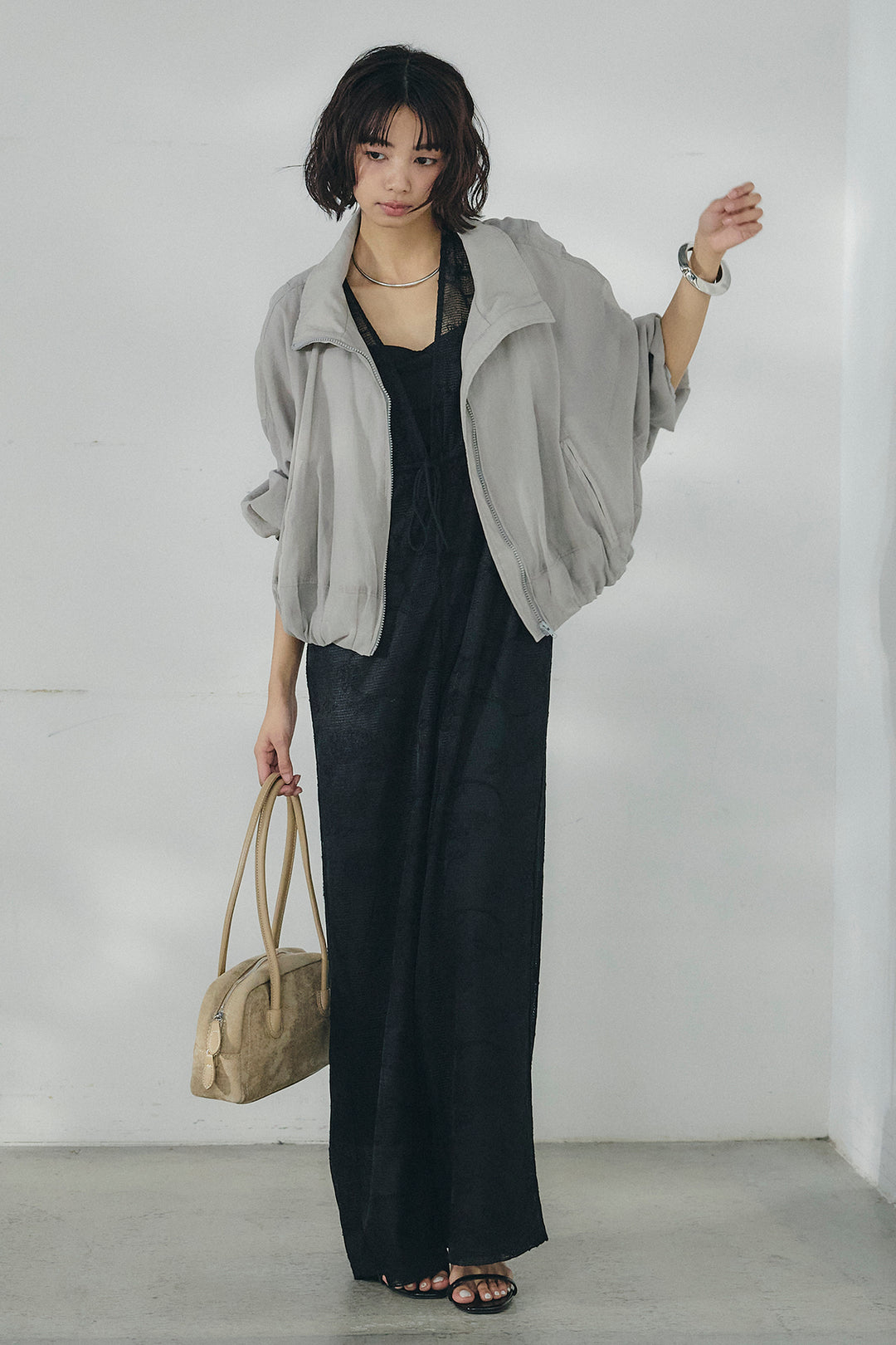 [SET]スタンドネックシアーブルゾン+レースサロペット(2set)