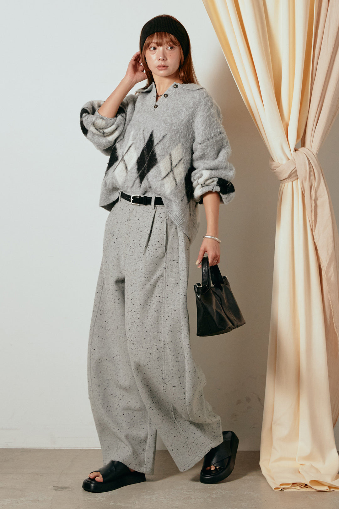 [SET]アーガイル柄ポロニットトップス+ベルト付きネップツイードカーブパンツ(2set)