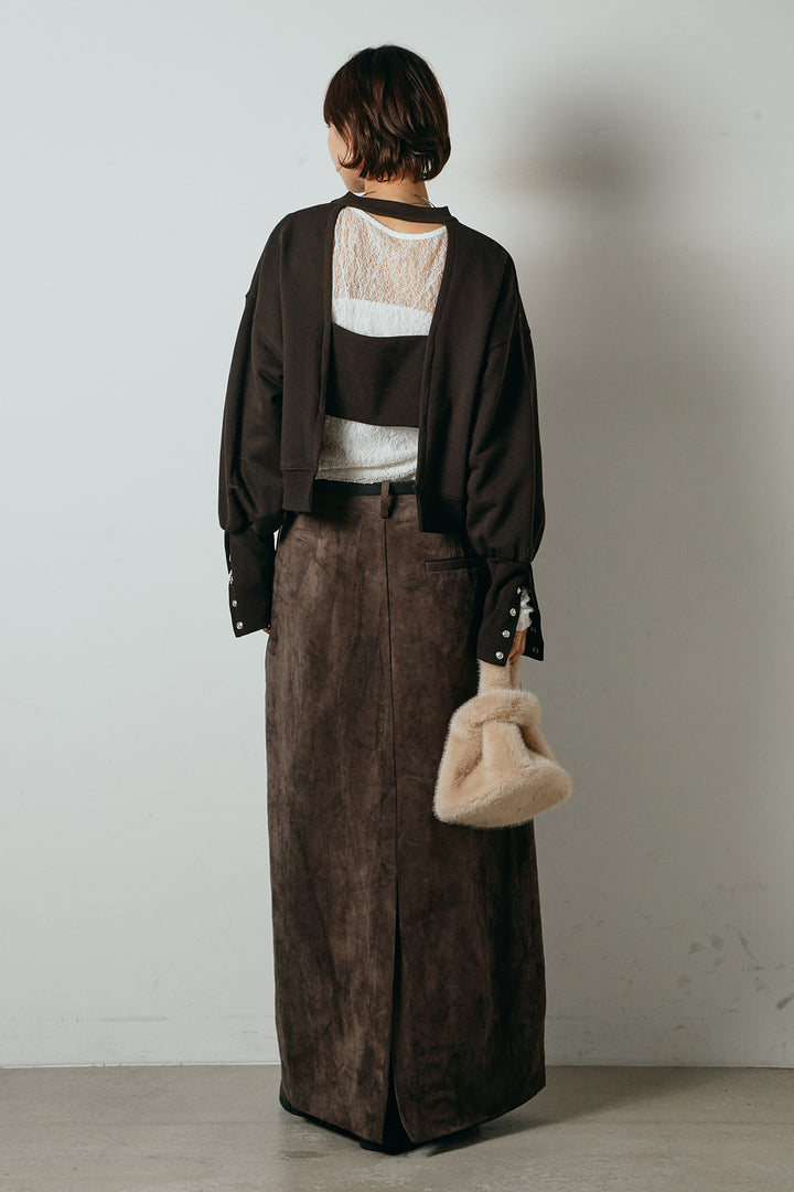 [SET]裏毛バックオープンプルオーバー+エコスウェードワイドスカート+ストレッチレースクルーネックインナー(3set)