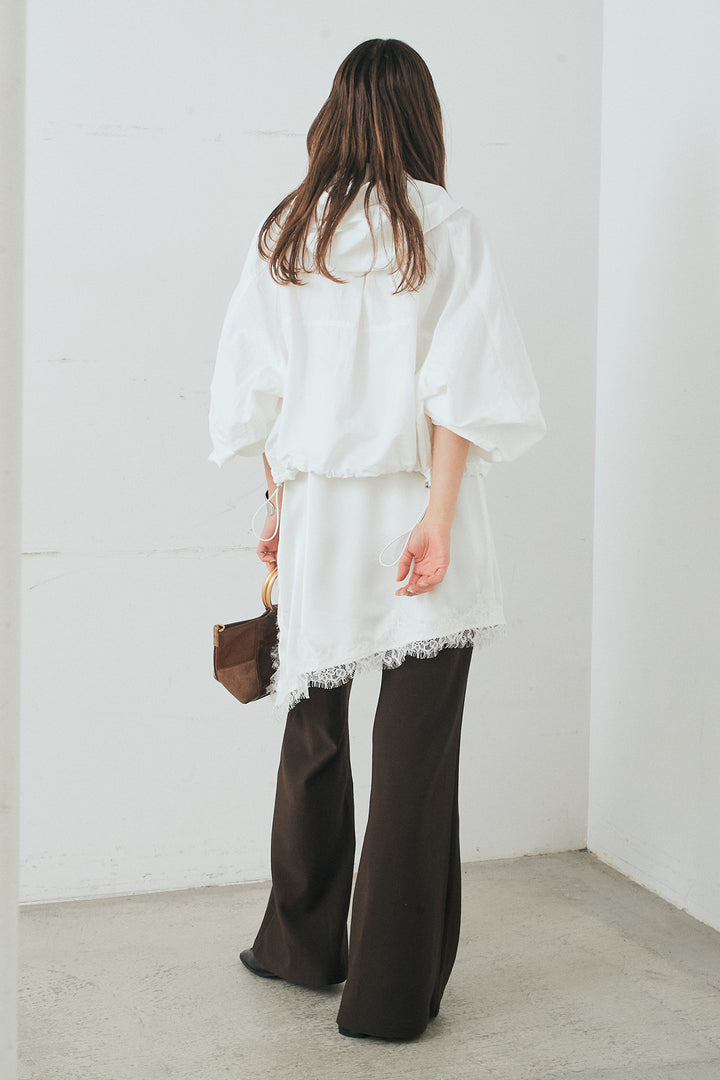 [SET]ナイロンボリュームWジップパーカーブルゾン+サテンレースアシメキャミ+細編みベルト付きパンツ+サテンレースアシメキャミ(3set)