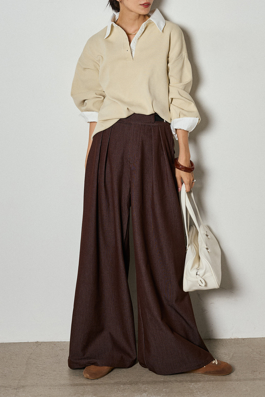 【即納】ウエストベルト付きタックワイドパンツ