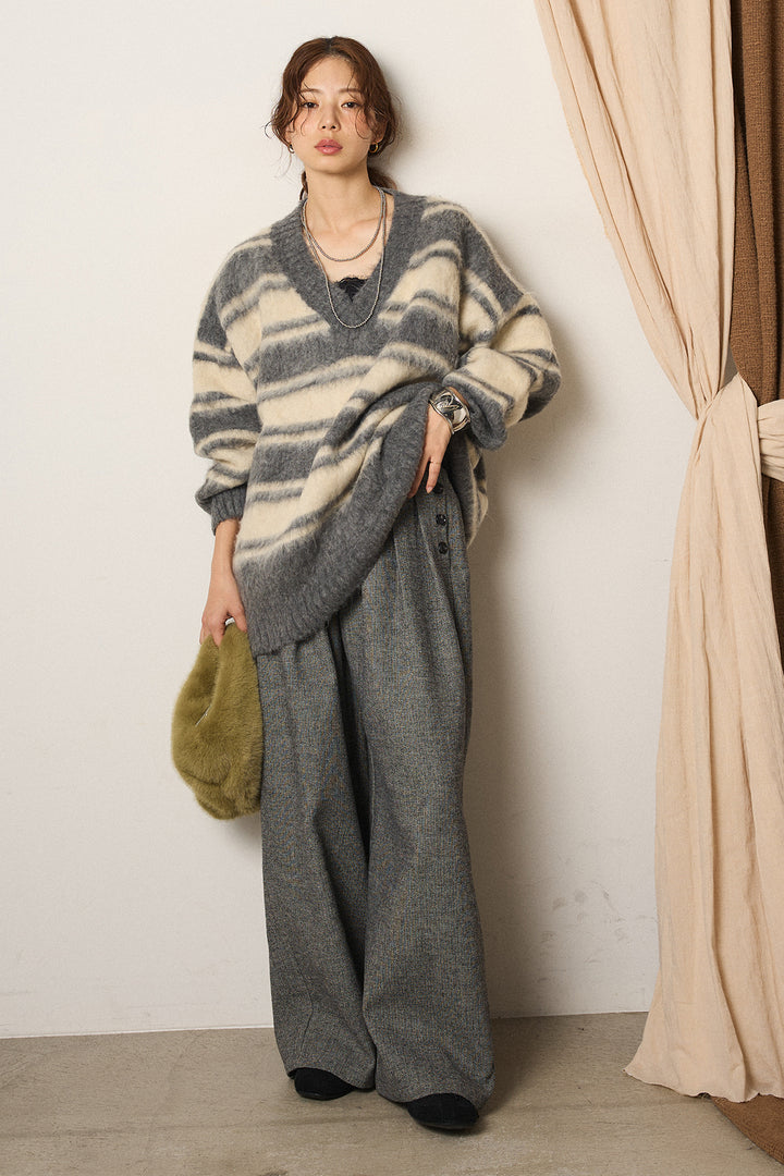 [SET]ルーズVネックボーダーニットトップス+サイドボタンツイードタックパンツ(2set)
