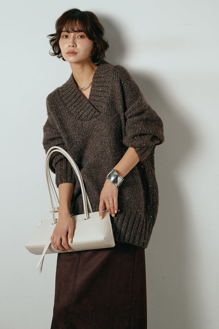 [SET]Vネックラメニットトップス+スウェードライク裾フリンジスカート(2set)