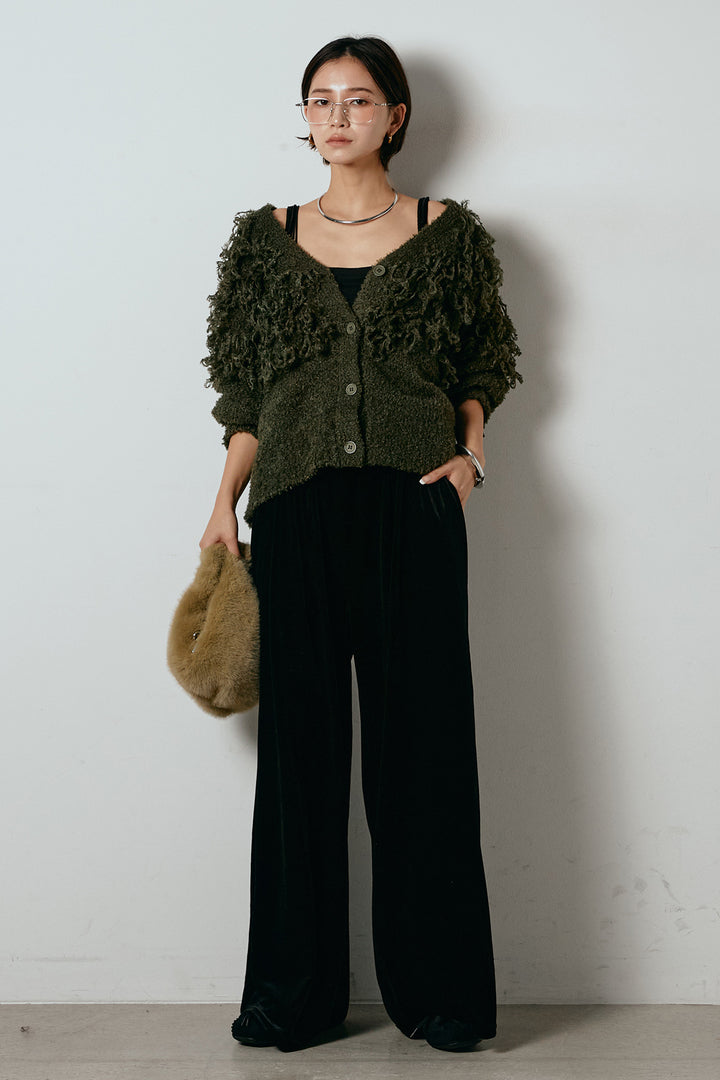 [SET]ループ編みVネックニットカーディガン+ベロアサスペンダー付きパンツ(2set)