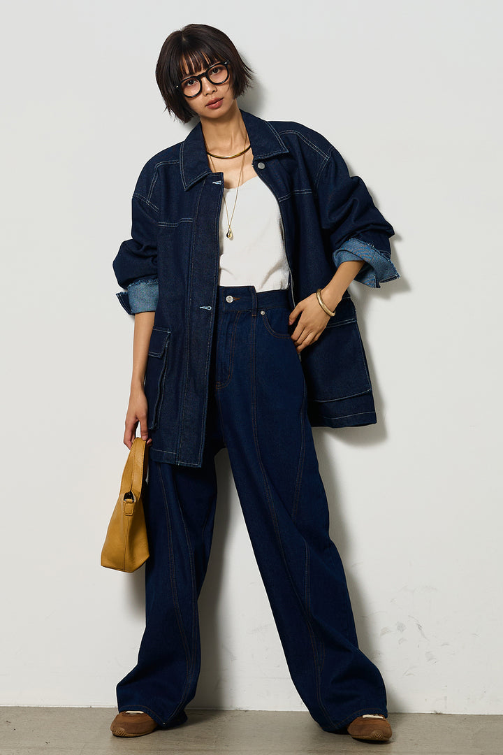 【即納】ステッチデザインデニムジップジャケット