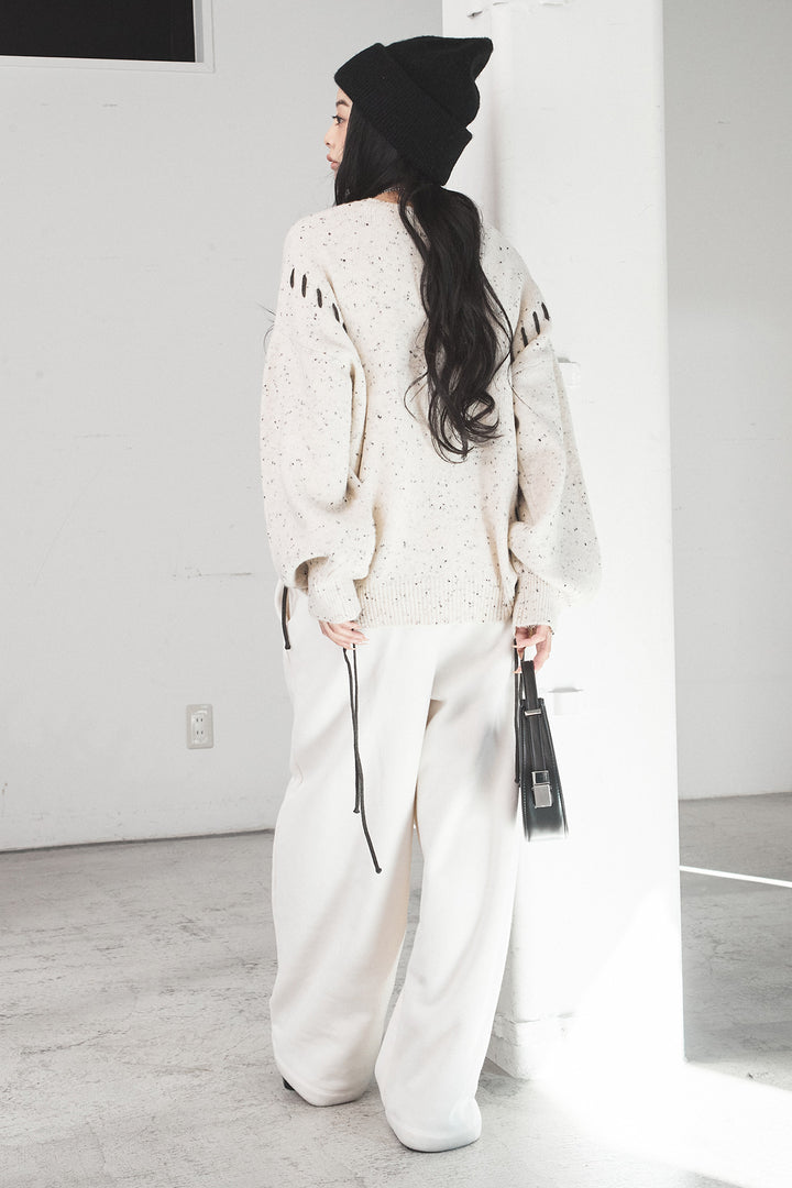 [SET]ネップ編み上げニットトップス+裏起毛スウェットワイドパンツ(2set)