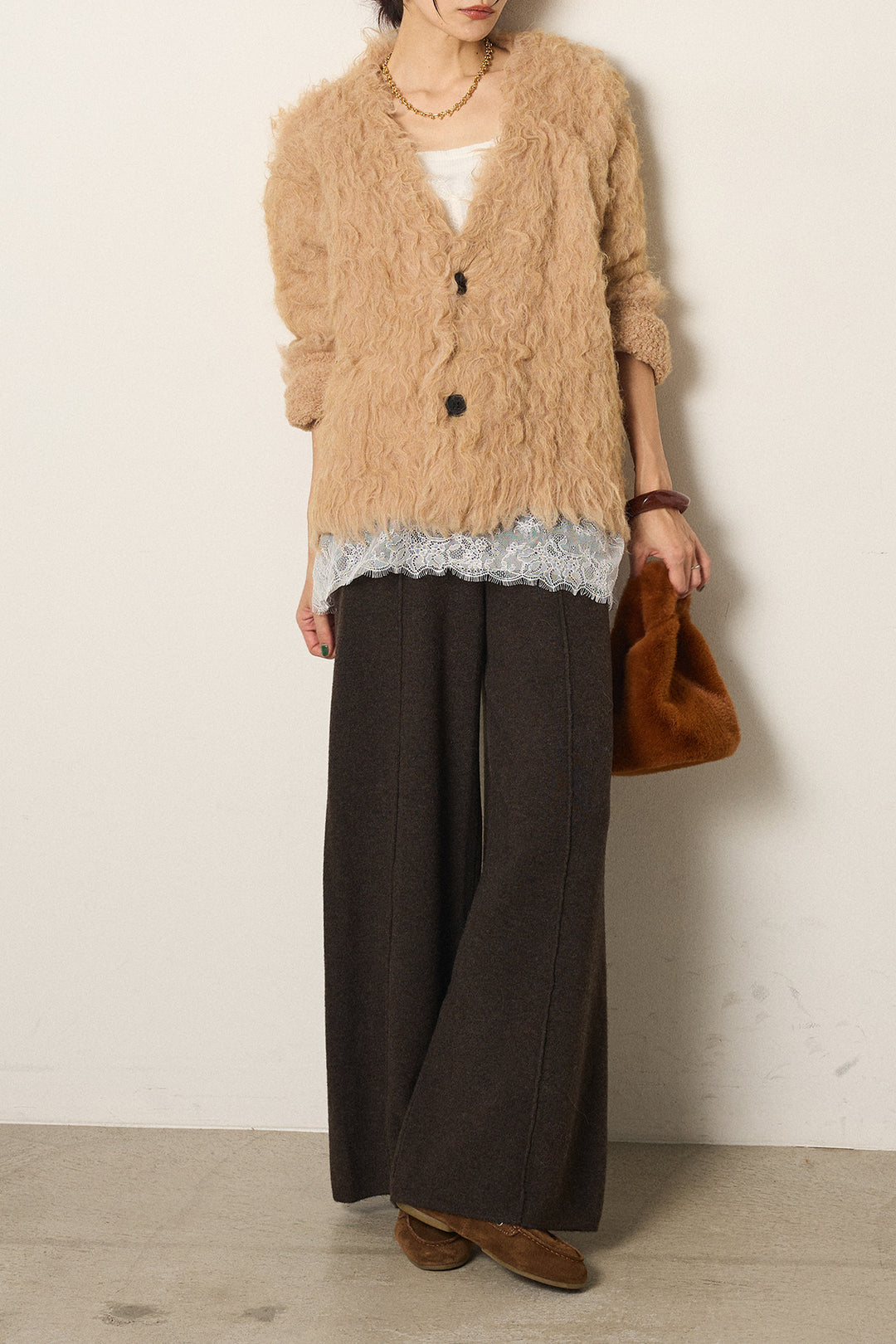 [SET]起毛シャギーニットカーディガン+センターラインニットパンツ+レース切り替えキャミソール(3set)