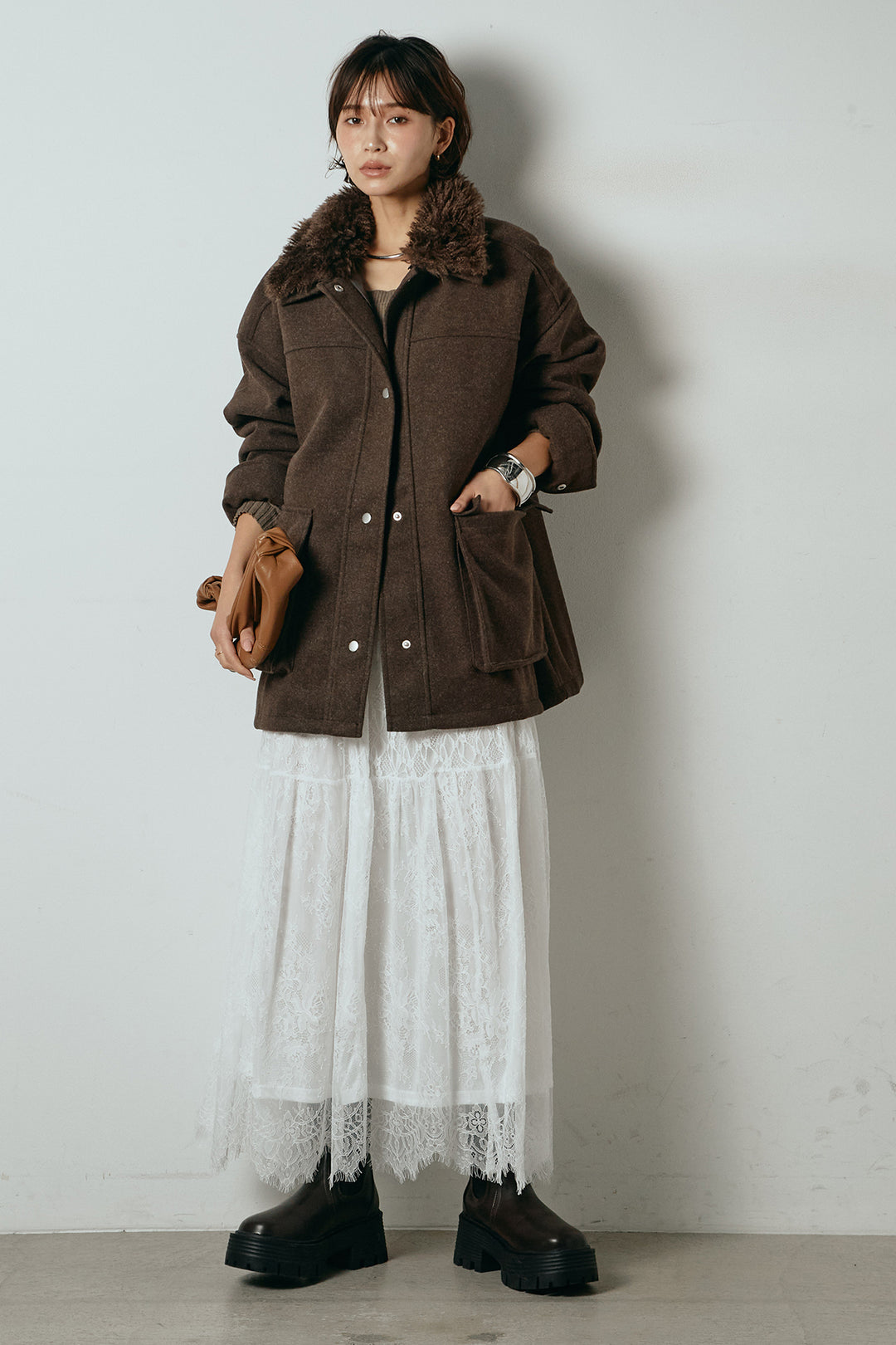 [SET]エコウール衿ファー薄中綿入りミドルカバーオール+ひげレース切替ロング丈スカート(2set)