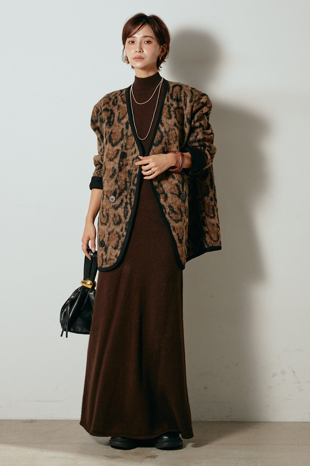 [SET]ノーカラーレオパード柄アウター+ノースリーブニットロングワンピース(2set)