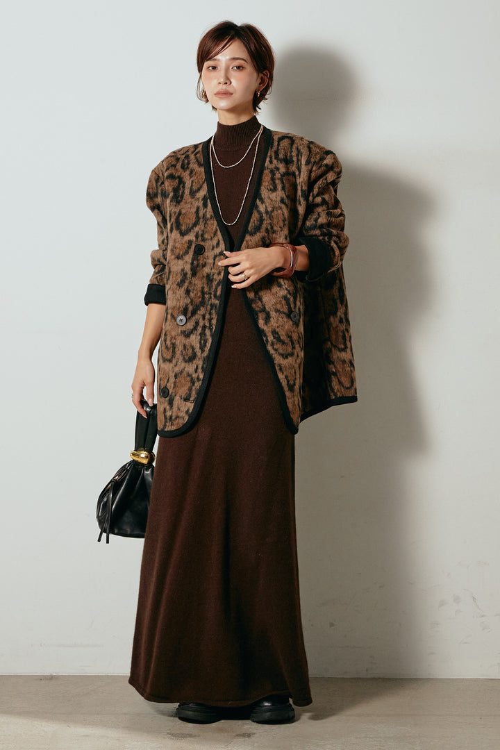 [SET]ノーカラーレオパード柄アウター+ノースリーブニットロングワンピース(2set)