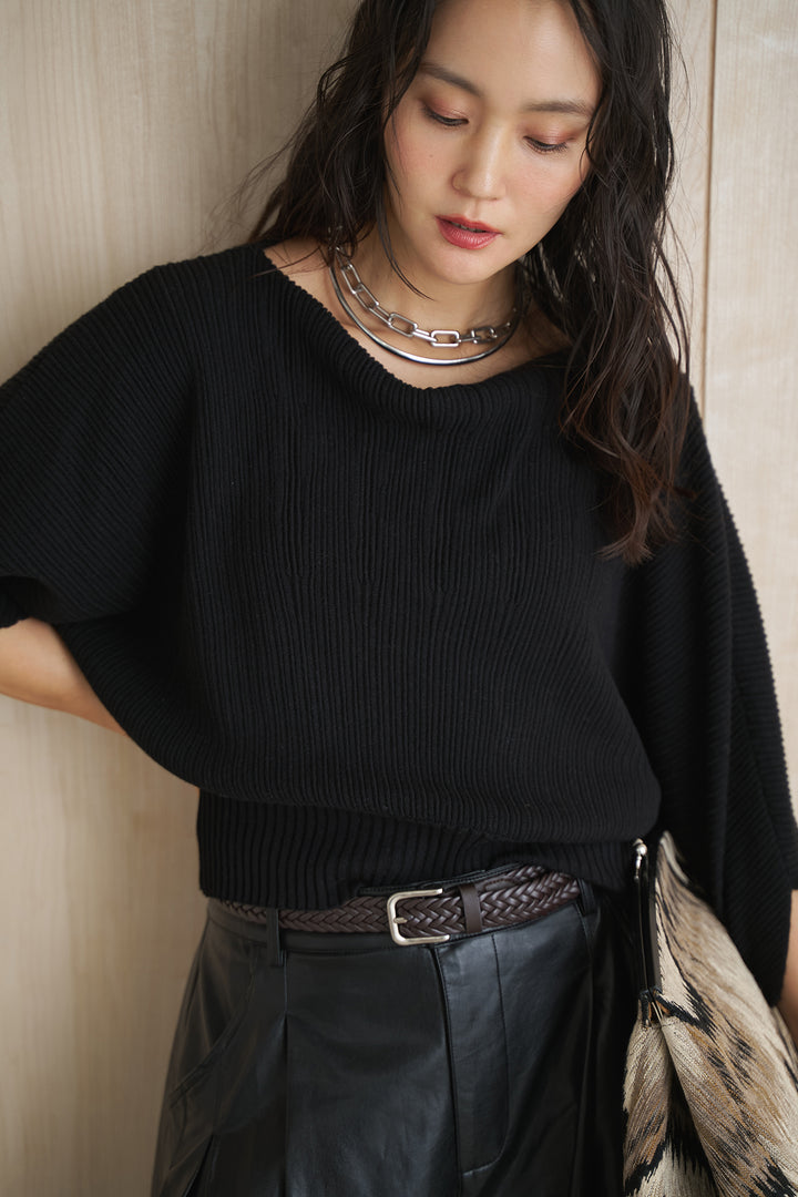 [SET]ドルマンスリーブクロップドリブニット+レザーライクタックワイドパンツ(2set)