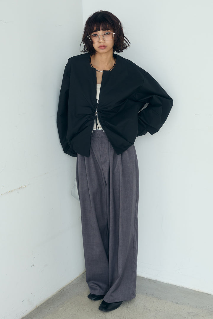 [SET]ノーカラーフロントギャザージップアウター+ツイルメニータックパンツ(2set)