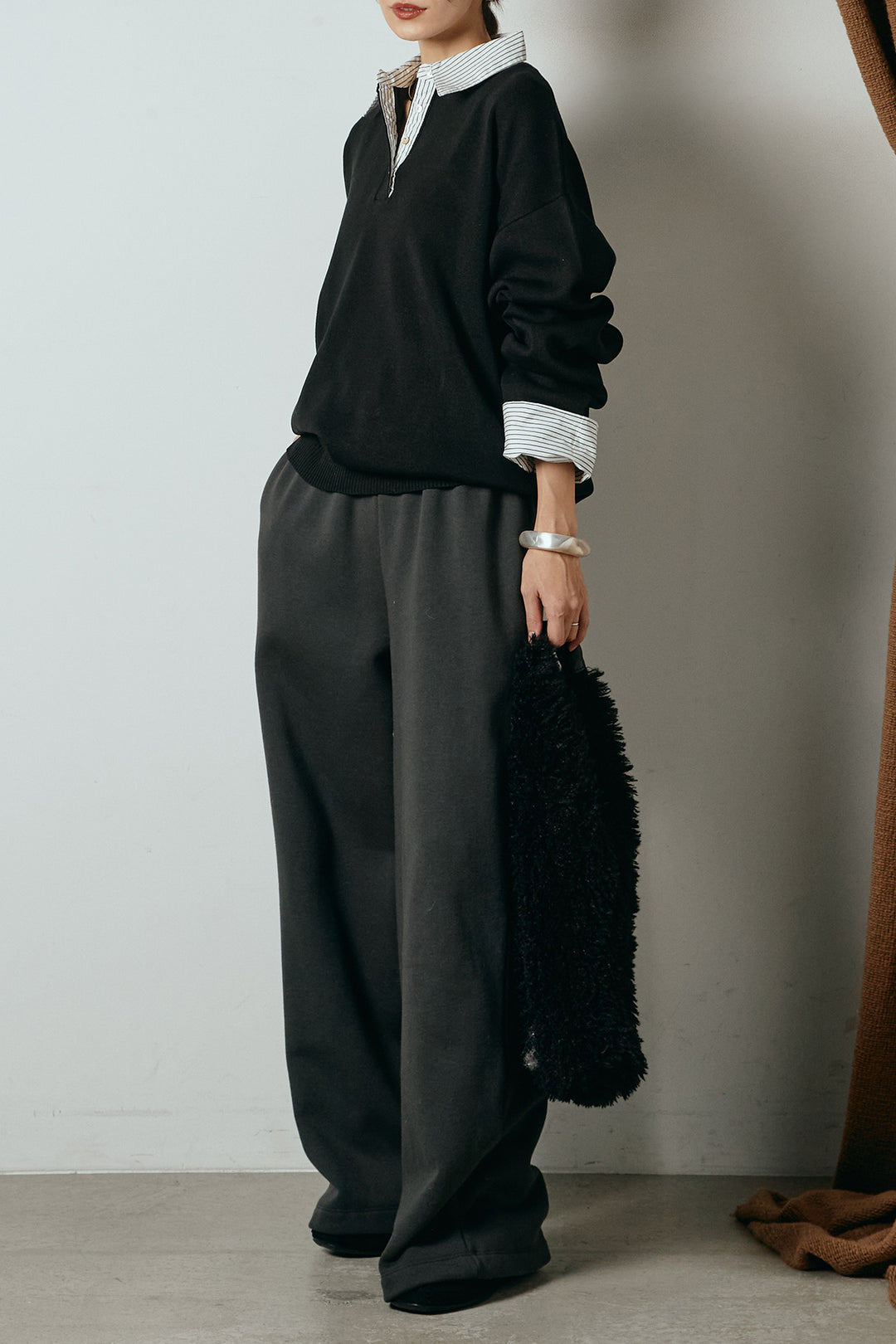[SET]ストライプシャツドッキングポロトップス+裏起毛スウェットワイドパンツ(2set)