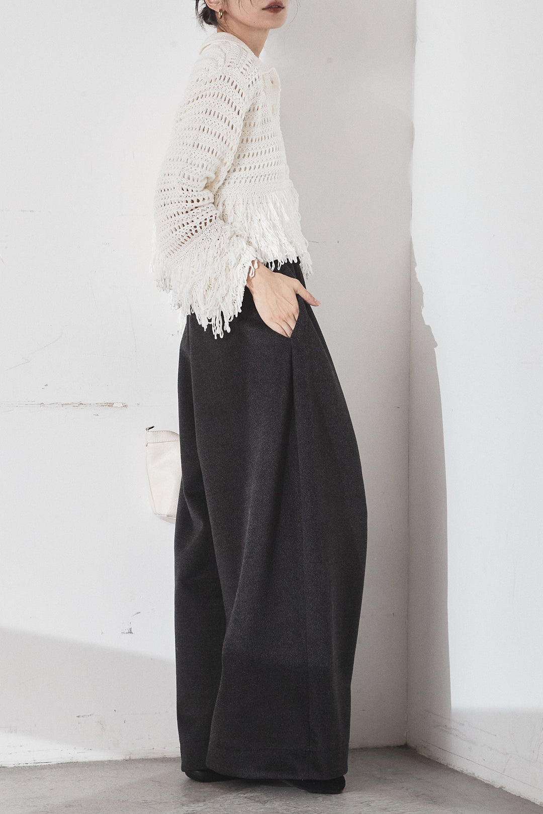[SET]メッシュフリンジカーディガン+ウールタッチカーブワイドパンツ(2set)