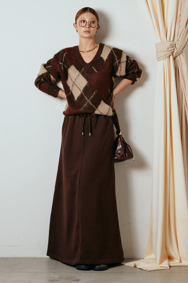 [SET]アクリルモヘアアーガイルVネックプルオーバー+裏起毛スウェットロングマキシスカート(2set)