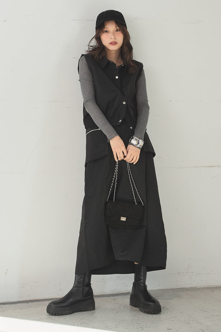 [SET]襟付きナイロンベスト+サイドデザインナイロンスカート(2set)