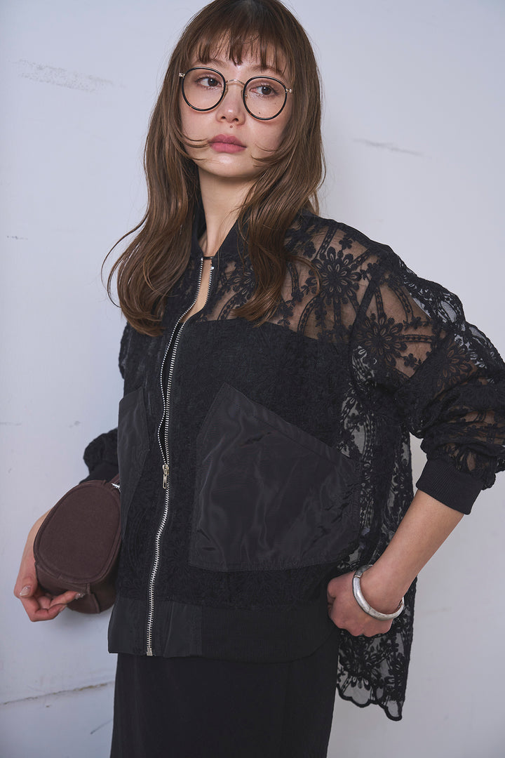 [SET]ノーカラーレースブルゾン+リネンブレンドロングナロースカート(2set)