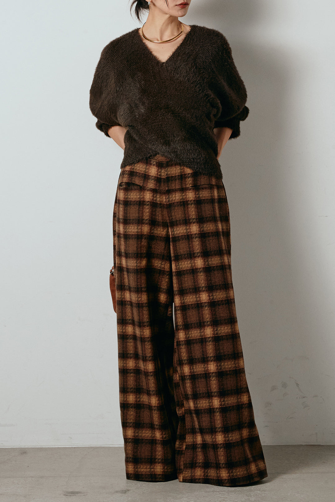[SET]シャギーカシュクールニットトップス+ルーズタータンチェックワイドパンツ(2set)
