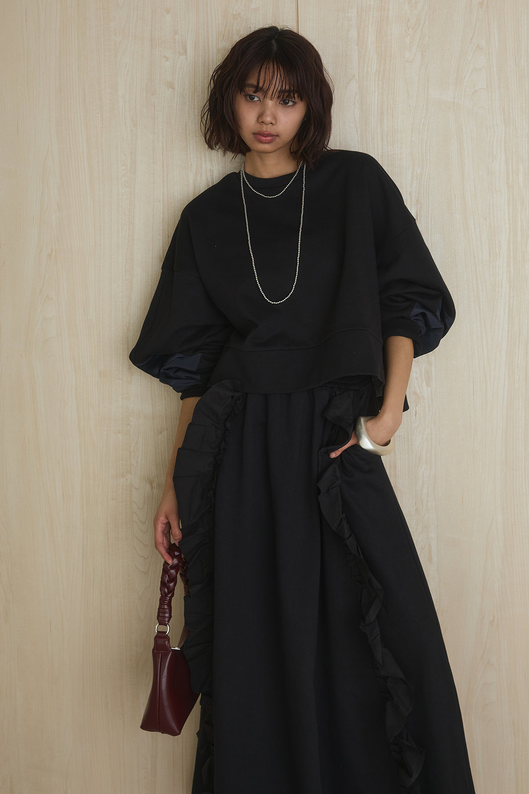 [SET]アームパッチスウェットプルオーバー+ビッグフリルスウェットロングスカート(2set)