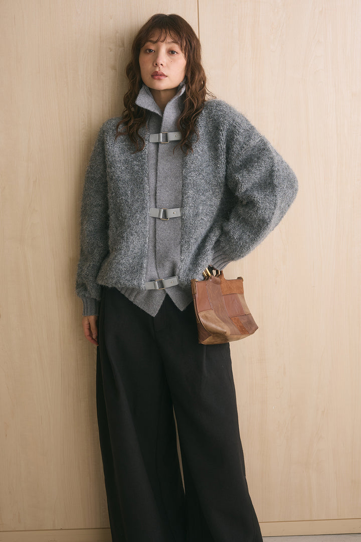 [SET]ブークレーハイネックニットジャケット+ポーチベルト付きカーブパンツ(2set)