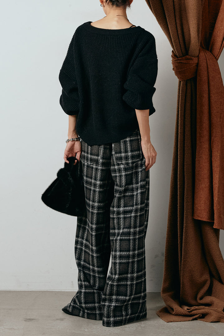 [SET]ロゴジャガードニットトップス+ルーズタータンチェックワイドパンツ(2set)