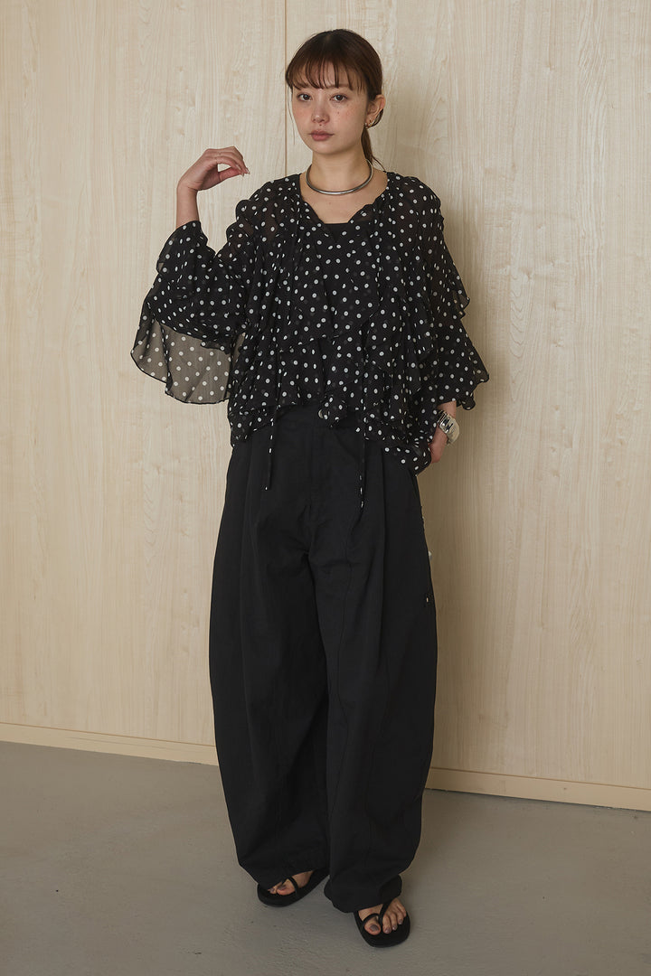 [SET]ドットフリル長袖ブラウス+コットンポリツータックセンターシームカーブパンツ(2set)