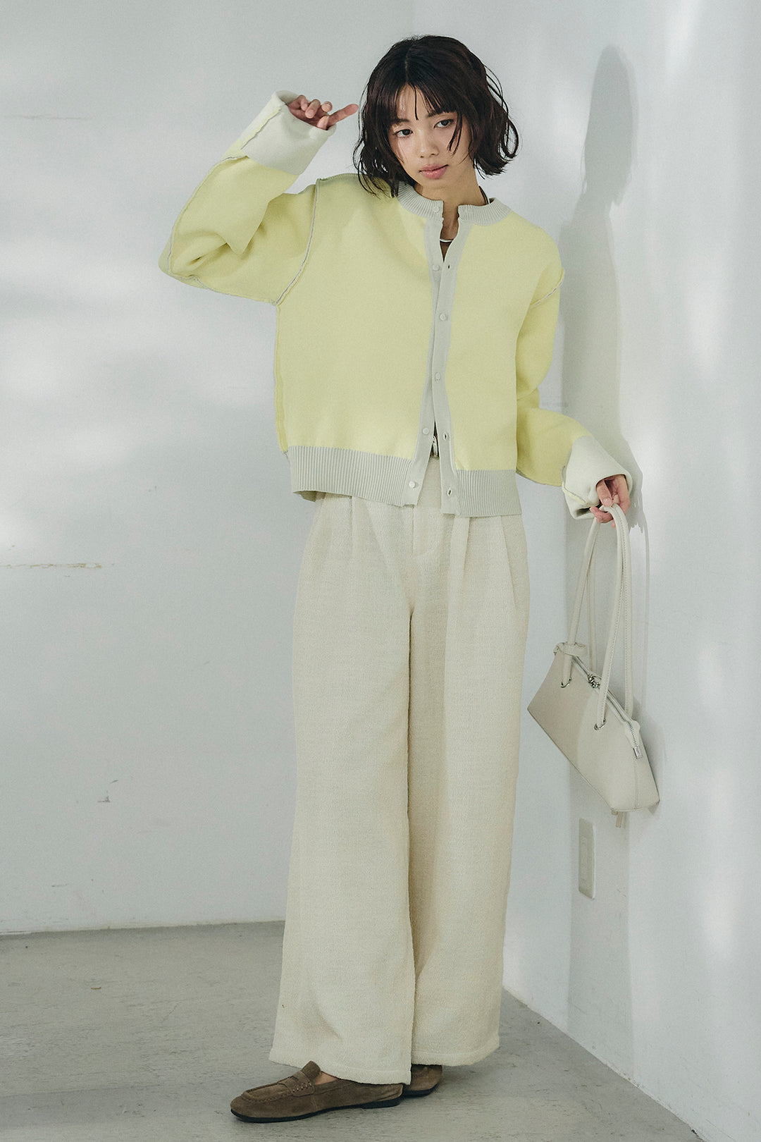 [SET]リバーシブル配色ニットカーディガン+デニムライクヘリンボーンタックパンツ(2set)