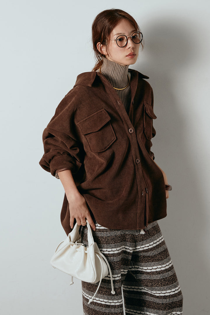 [SET]襟付きコーデュロイポケットシャツ+マルチライン柄リラックスニットパンツ(2set)
