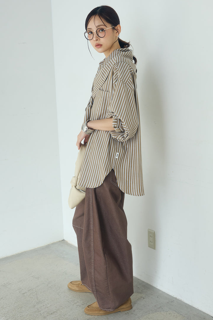 [SET]レーヨンストライプスカーフ+ツイル配色ステッチバレルパンツ+レーヨンストライプバンドカラー長袖シャツ(3set)