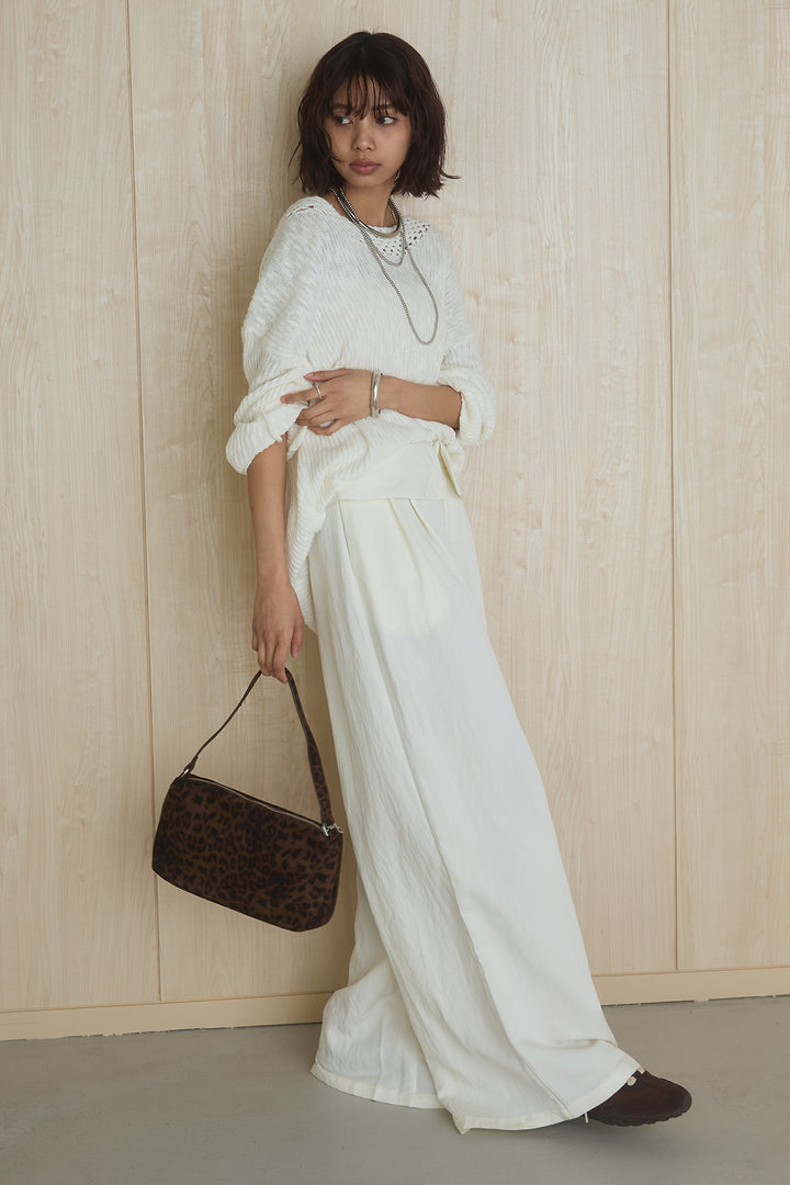 [SET]ネック編みデザインニットトップス+ウエスト折り返しワイドパンツ(2set)