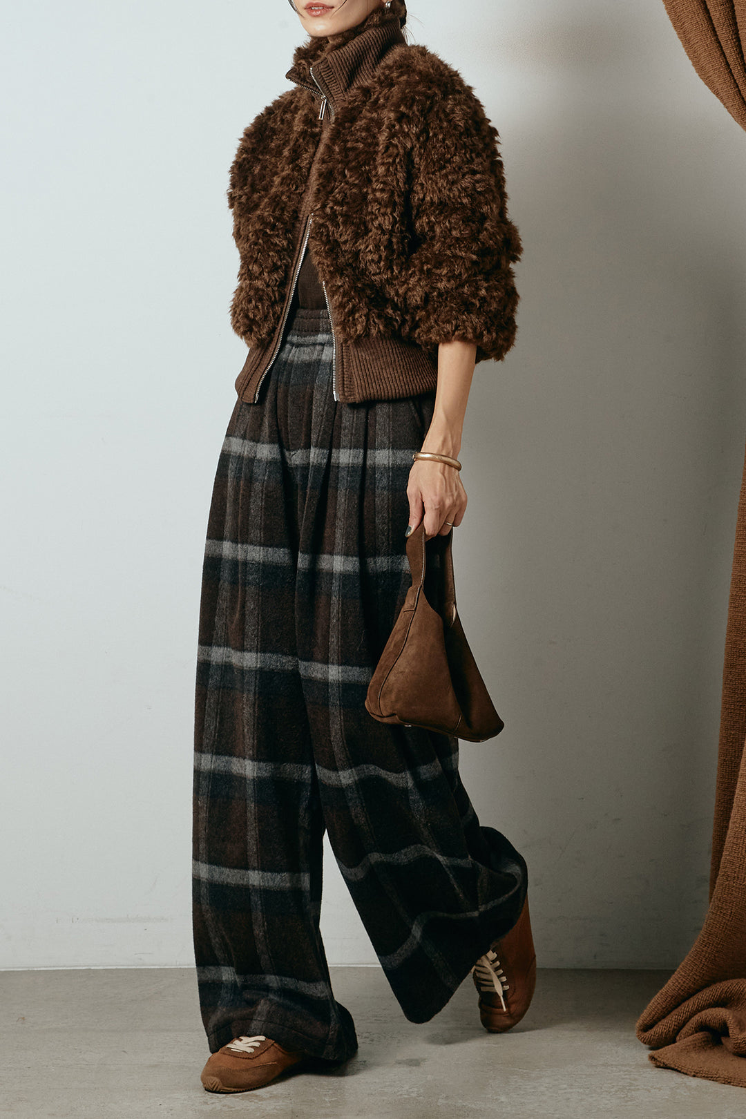 [SET]ハイネックショート丈ボアジップブルゾン+起毛タータンチェック柄ワイドパンツ(2set)