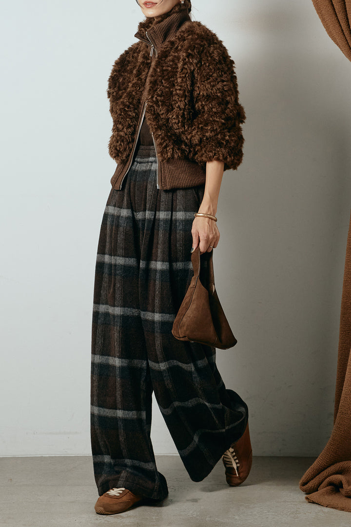[SET]ハイネックショート丈ボアジップブルゾン+起毛タータンチェック柄ワイドパンツ(2set)