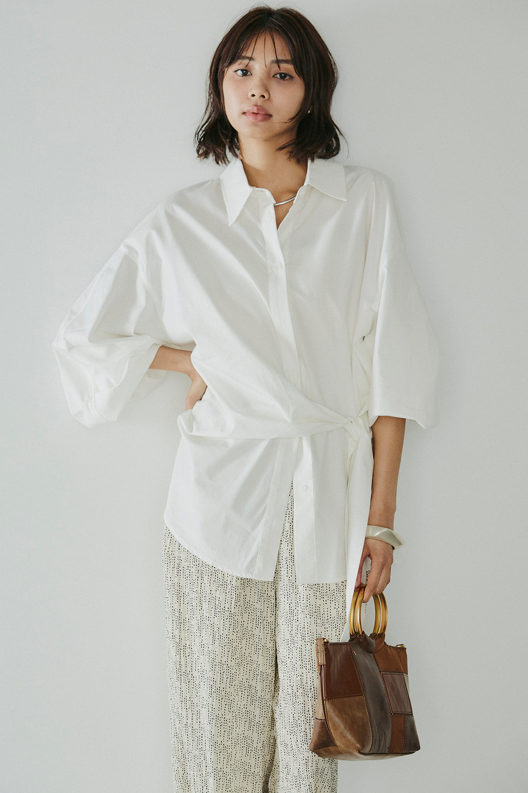 [SET]襟付き巻きデザインシャツ+シアーランダムドットラフパンツ(2set)