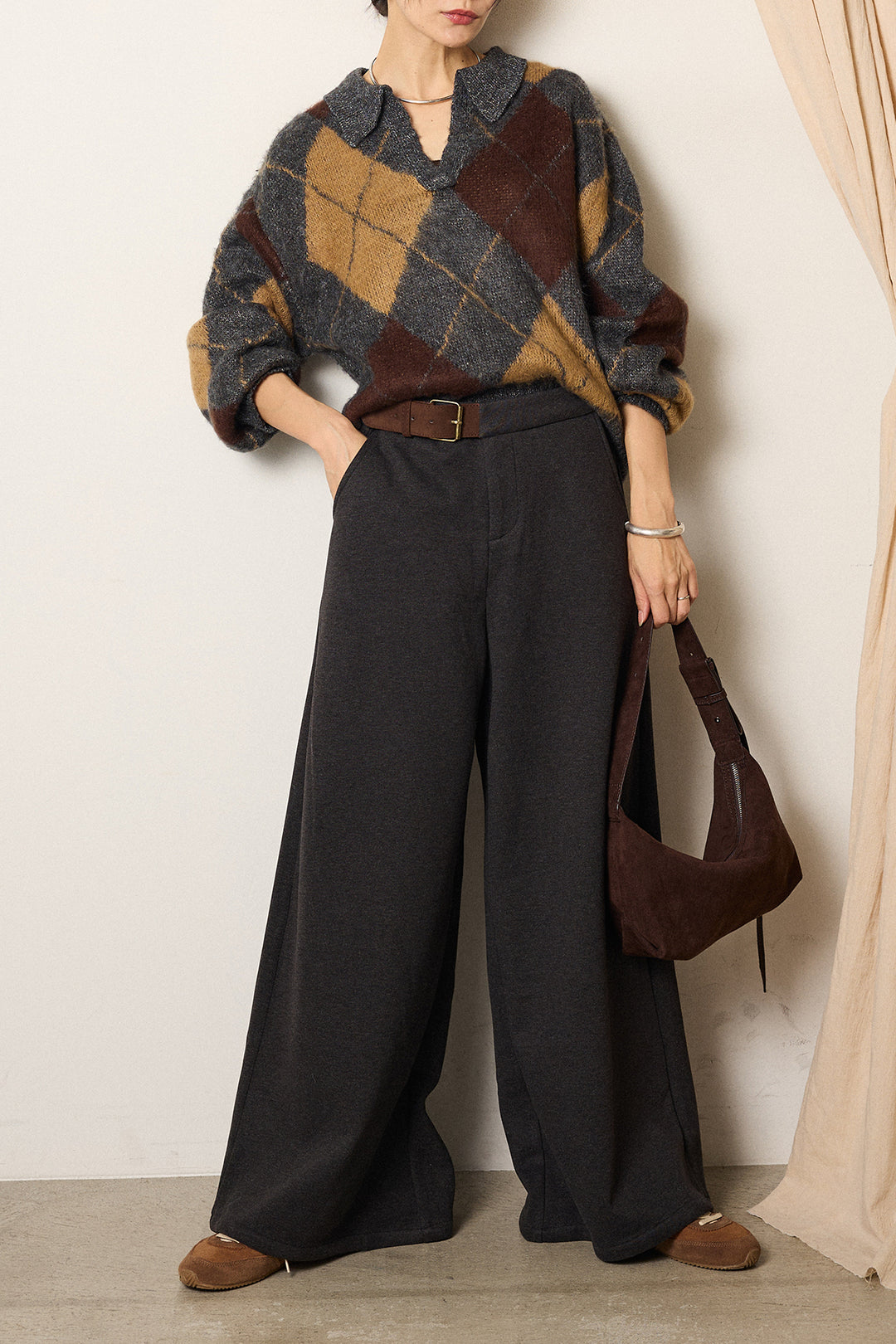 [SET]アクリルモヘアアーガイルキーネックプルオーバー+サイドベルトパンツ(2set)