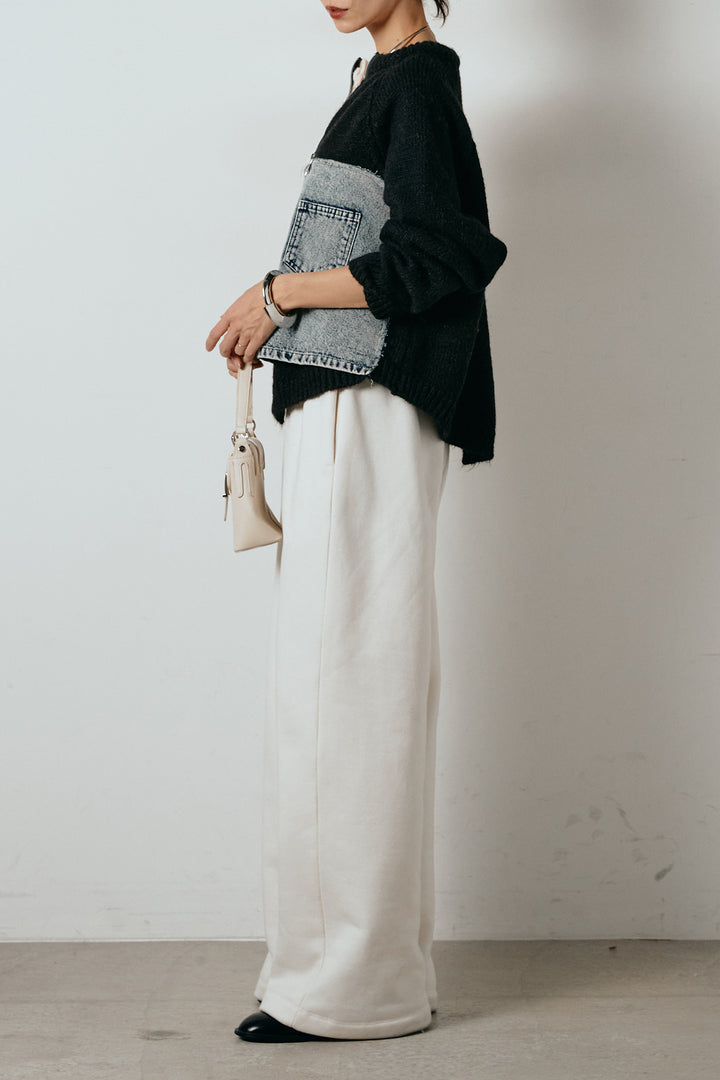 [SET]ハーフジップニットデニムドッキングトップス+裏起毛スウェットワイドパンツ(2set)